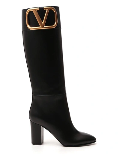 Valentino Garavani Supervee V-logo Knee-high Leather Boots In Black