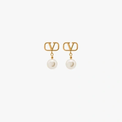 Valentino Garavani Gold Tone Vlogo Pearl Drop Earrings