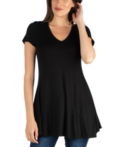 24seven Comfort Apparel Women's Short Sleeve Loose Fit Tunic Top With V-neck In Black