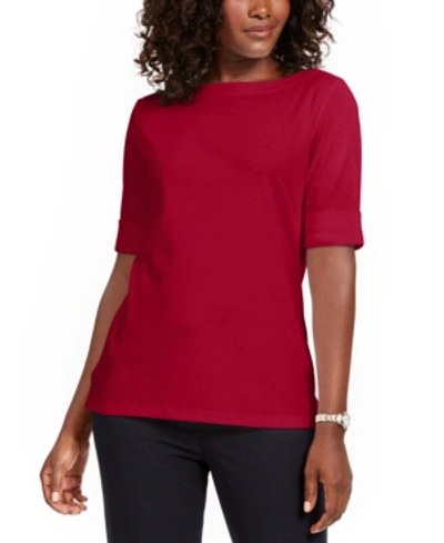 Karen Scott Petite Cotton Mock Neck Elbow-sleeve Top, Created For Macy's In New Red Amore