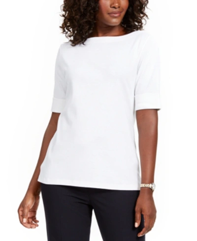 Karen Scott Petite Cotton Elbow-sleeve T-shirt, Created For Macy's In Bright White