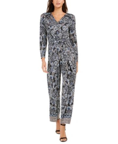 Ny Collection Petite Button-trim Printed Jumpsuit In Black Floral