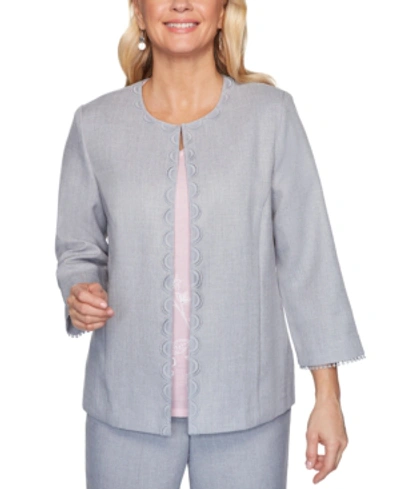 Alfred Dunner Petite Primrose Garden Lace-trimmed Jacket In Silver