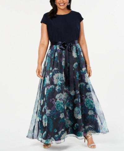 Sl Fashions Plus Size Floral-skirt Gown In Blue Multi