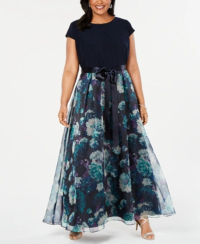Sl Fashions Plus Size Floral-skirt Gown In Blue