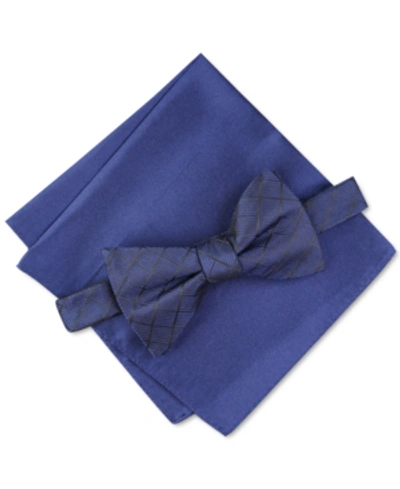 Alfani Men's Grid Pre-tied Bow Tie & Solid Pocket Square Set, Created For Macy's In Navy