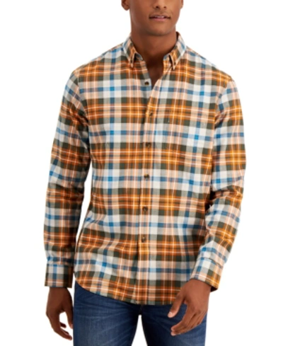 Club Room Men's Stretch Brushed Cotton Plaid Shirt, Created For Macy's In Orange Olive Combo