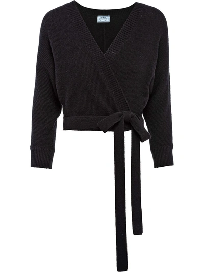 Prada Wrap-front Wool-blend Cardigan In Black