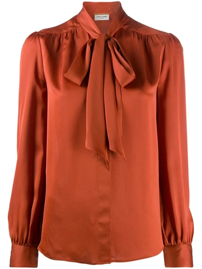 Saint Laurent Pussy-bow Collar Blouse In Orange