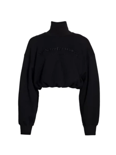 Alexander Wang Cropped Embroidered Mockneck Sweatshirt In Black