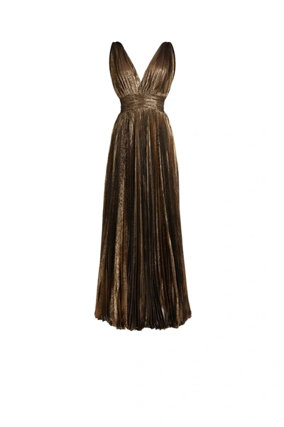 Roberto Cavalli Pleated Lamé Chiffon Long Dress In Bronze