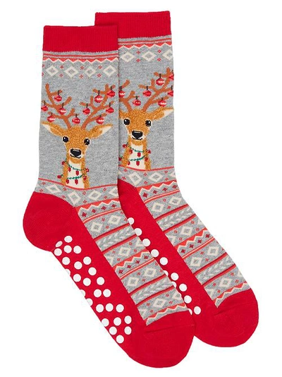 Hot Sox Fuzzy Reindeer Non-skid Crew Socks In Grey Heather