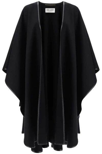 Saint Laurent Wool Blend Cape W/ Leather Piping In Black