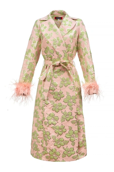 ANDREEVA PINK JACQUARD COAT №19 WITH DETACHABLE FEATHER CUFFS