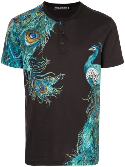 Dolce & Gabbana Peacock-print Henley T-shirt In Black