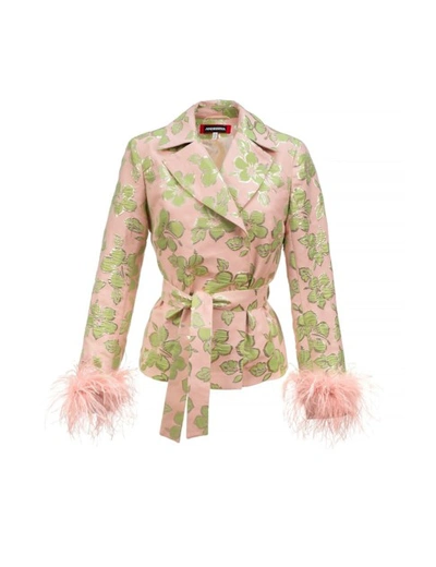 Andreeva Pink Jacquard Jacket №19 With Detachable Feather Cuffs