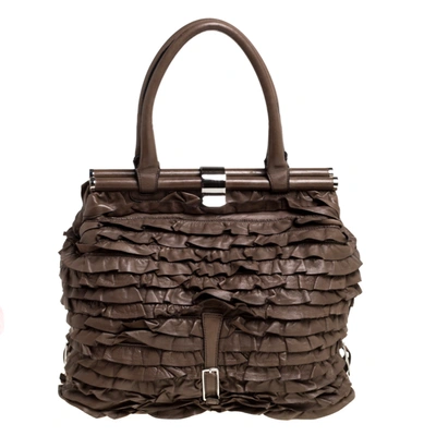 Pre-owned Valentino Garavani Taupe Leather Allure Ruffled Frame Bag In Brown