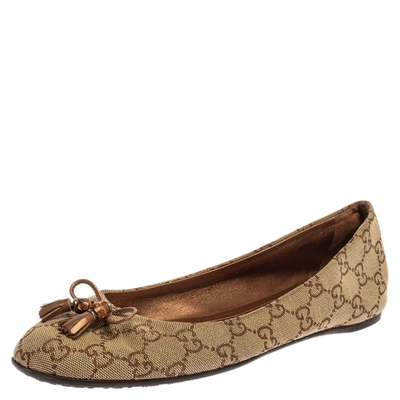 Pre-owned Gucci Ssima Canvas Bamboo Bow Tassel Ballet Flats Size 39.5 In Beige