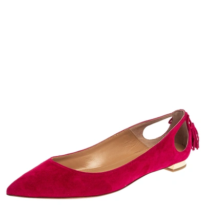 Pre-owned Aquazzura Pink Suede Leather Forever Marilyn Fringe Ballet Flats Size 39