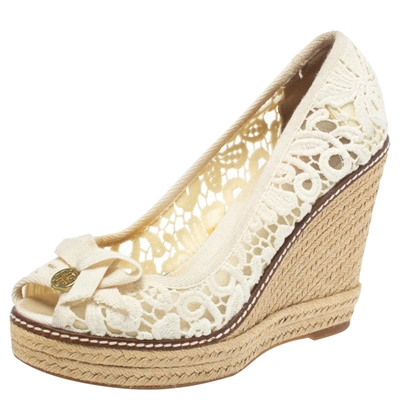 Pre-owned Tory Burch White Lace And Mesh Jackie Peep Toe Espadrilles Wedge Pumps Size 38.5