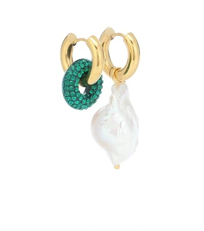 Timeless Pearly 24kt Gold-plated Hoop Earrings With Pearl In Green