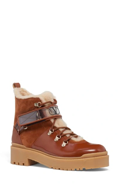 Valentino Garavani Garavani Trekkgirl Shearling-lined Leather & Suede Hiking Boots In Brown