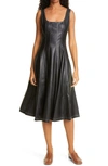 STAUD WELLS FIT & FLARE FAUX LEATHER MIDI DRESS,259-7384