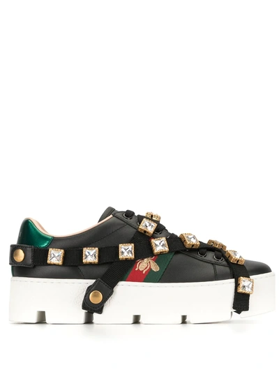 Gucci Leather Platform Sneakers With Detachable Jeweled Straps In Black