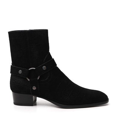 Saint Laurent Wyatt Harness Embossed Ankle Boots In Black