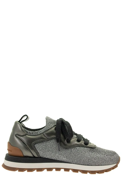 Brunello Cucinelli Sneakers Sparkling Knit And Nappa Leather Runners With Shiny Contour In Light Grey