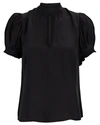 Frame Pleated Puff-sleeve Silk Mockneck Top In Black
