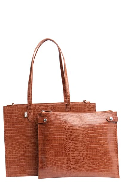 Beis Mini Work Croc Embossed Faux Leather Tote In Cognac