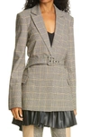 JONATHAN SIMKHAI LOGAN WINDOWPANE PLAID BELTED BLAZER WITH REMOVABLE FAUX LEATHER TRIM,520-6006-W