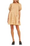 English Factory Puff-shoulder Mixed Media Minidress In Beige