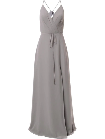 Marchesa Notte Bridesmaids V-neck Tie Waist Evening Gown In Grey