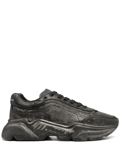 Dolce & Gabbana Black Leather Daymaster Trainers In Black,grey,silver