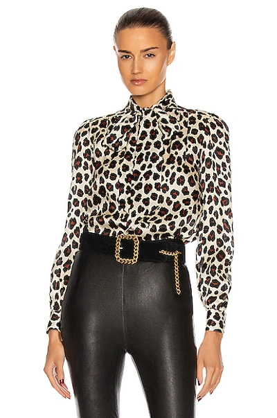 Saint Laurent Leopard Print Silk Satin Shirt W/bow In Neutrals