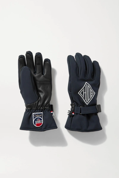 Chloé + Fusalp Embroidered Shell And Leather Ski Gloves In Navy