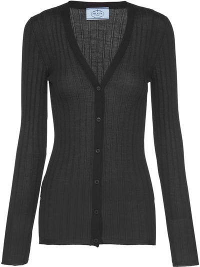 Prada Cashmere-silk Rib-knit Cardigan In Black