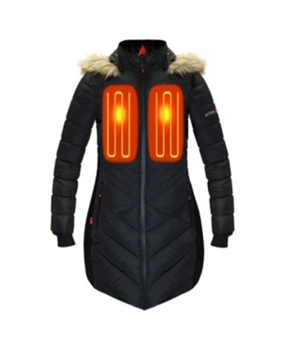 Actionheat Women's 5v Battery Heated Long Puffer Jacket With Hood In Black