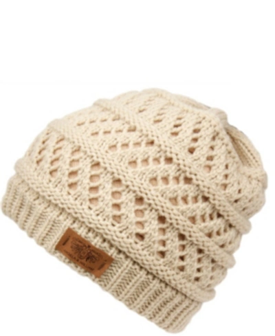 Angela & William Messy Bun Ponytail Crochet Beanie In Khaki