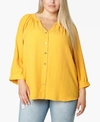 ADRIENNE VITTADINI WOMEN'S PLUS SIZE 3/4 SLEEVE SHIRRED NECK BUTTON FRONT BLOUSE