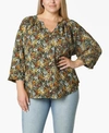 ADRIENNE VITTADINI WOMEN'S PLUS SIZE 3/4 SLEEVE SHIRRED NECK BUTTON FRONT BLOUSE