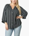 ADRIENNE VITTADINI WOMEN'S PLUS SIZE 3/4 SLEEVE SHIRRED NECK BUTTON FRONT BLOUSE