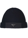 Prada Mens Black Re-nylon Wool And Recycled Polyamide-blend Beanie Hat In Black