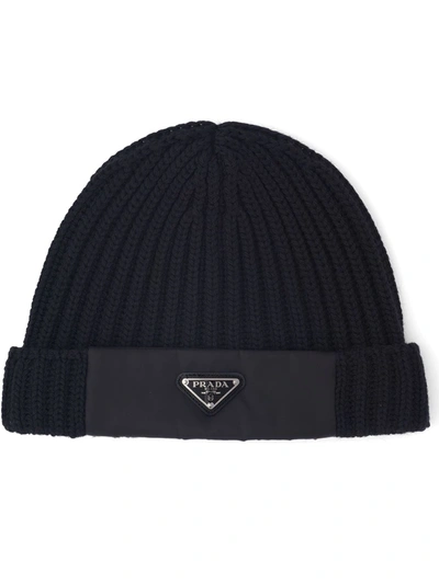 Prada Logo Rib-knit Beanie Hat In Black