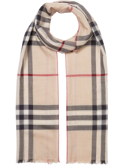 Burberry Off-white Silk Gauze Giant Check Scarf In Beige