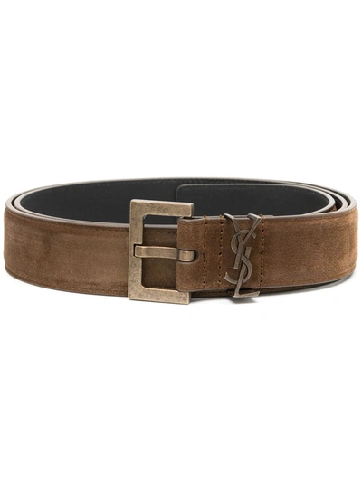 Saint Laurent Square-buckle Leather Belt In Brown