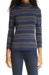 L Agence Harlee Merino Wool-blend Turtleneck Sweater In Navy Olive Bronze Stripe