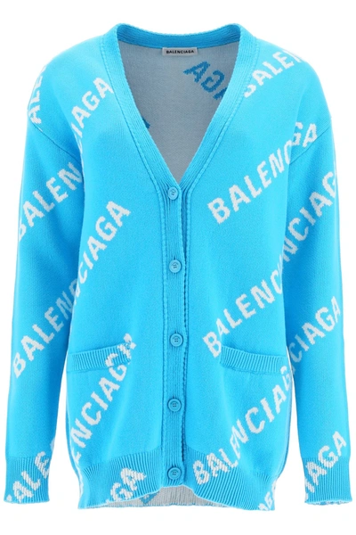 Balenciaga Monogram Logo Cardigan In Turquoise White